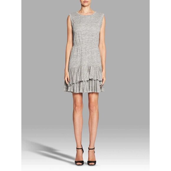 Rebecca Taylor Gray tiered ruffle hem Linen Sleeveless mini dress size Medium - Picture 1 of 6